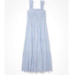 Blue and White Striped Ruffle Smocked Midi Dress